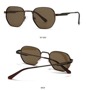 Detailed side and back view of geometric hexagonal sunglasses with brown polarized lenses