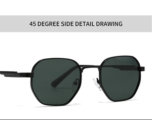 Detailed 45-degree side view of black metal frame sunglasses with polarized lenses