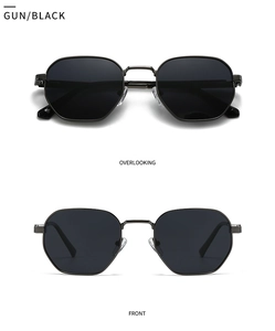 Detailed views of gunmetal polygonal polarized sunglasses from front and top angles