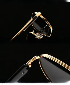 Detailed close-up of premium metal hinges and textured frame design of these sunglasses