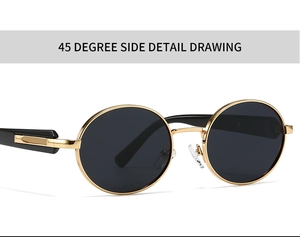 Detailed 45-degree side view of vintage round polarized sunglasses with golden metal frame