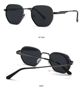 Detailed side and back views of grey hexagonal polarized sunglasses with metal frame