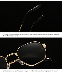 Detail view of hexagonal gold metal frames and dark polarized lenses with UV protection