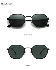 Dual view of black geometric polarized sunglasses showing top and front angles