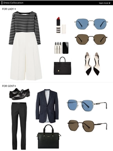 Flat lay of hexagonal metal sunglasses with professional business casual outfit pairings