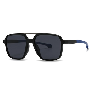 Modern square matte black sunglasses with metal double bridge and grey tinted lenses