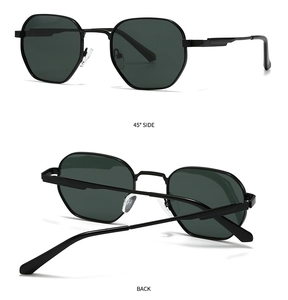 Detail view showing the 45-degree side and back structure of hexagonal metal sunglasses