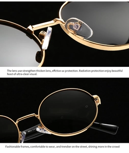 Detail of nose pads and inner temple of round polarized metal sunglasses in gold finish
