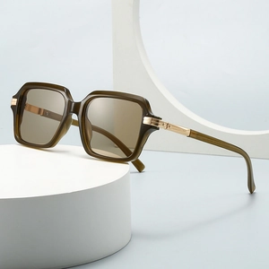 Retro square pilot sunglasses with olive green frame and gold metal temples for men and women
