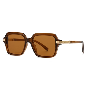 Retro square pilot sunglasses with brown translucent frames and gold metal accents