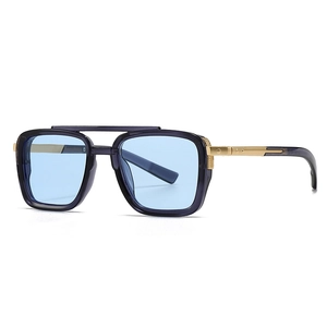 Retro pilot square sunglasses with purple frames and gold metal temples, 45-degree view