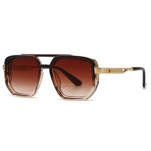 Retro double-bridge square sunglasses with brown gradient frames and metal temples