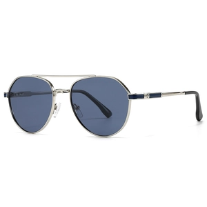 Classic silver aviator sunglasses with blue lenses and double bridge frame in a side view