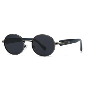Retro polarized sunglasses with gunmetal round frame and thick blue acetate temples