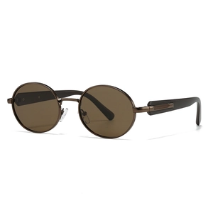 Classic round polarized sunglasses with bronze metal frame and brown lenses on white background