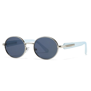 Classic silver round frame sunglasses with dark grey lenses and light blue translucent temples