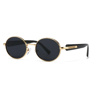 Classic round polarized sunglasses with gold metal frame and black lenses for men