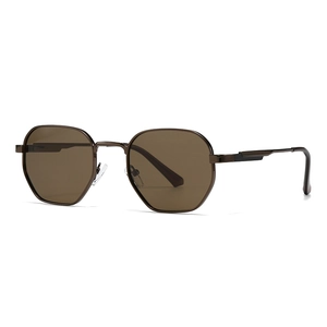 Polarized polygon sunglasses with brown lenses and a minimalist dark metal frame