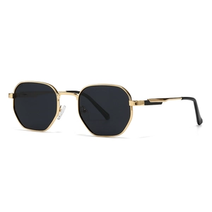 Polarized polygon metal sunglasses with gold frame and black lenses for men