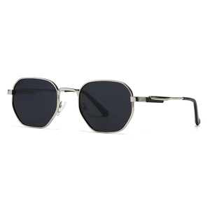 Polarized hexagonal sunglasses with black lenses and silver metal frames for men and women