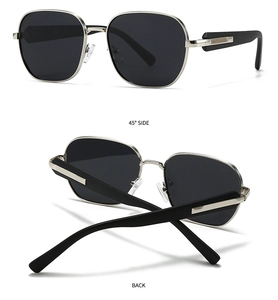 Détail des lunettes de soleil polarisées carrées noires avec monture et détails en métal