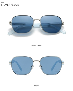 Détails de lunettes de soleil en métal argenté avec verres bleu clair, vues de face et haut