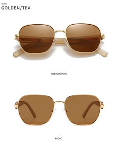 Détails de lunettes de soleil carrées en métal doré avec verres thé et vues multiples