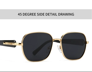 Vue latérale à 45 degrés des lunettes de soleil carrées polarisées avec monture dorée