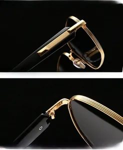 Détail de lunettes de soleil polarisées montrant la monture en métal doré et la charnière