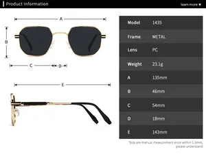 Detailed size guide for 1435 model hexagonal metal sunglasses with black lenses