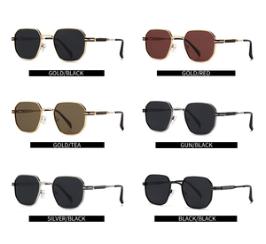 Matrix display of hexagonal polarized sunglasses in various metal frame color options