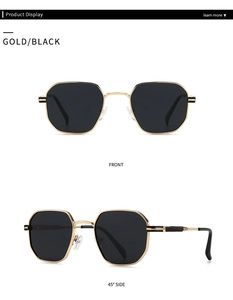 Detailed views of gold hexagonal metal sunglasses with black lenses from multiple angles