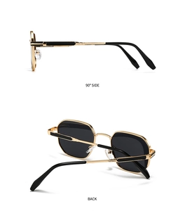 Side and back view of polarized sunglasses with gold metal frame and black temple tips