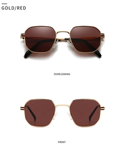 Front and top view of polygonal gold metal frame sunglasses with red lenses