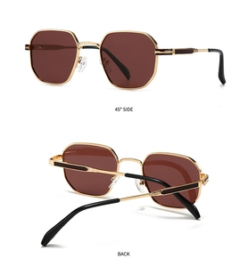 Detailed views of gold octagonal sunglasses with polarized amber lenses and side textures