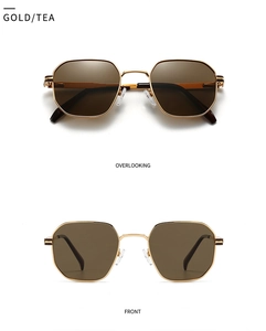 Front and top views of rectangular gold metal polarized sunglasses with tea lenses