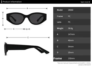 Size chart showing dimensions for retro cat eye sunglasses with PC frame and lens
