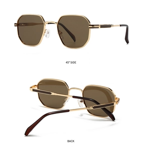 Detailed views of gold hexagonal polarized sunglasses with brown lenses from multiple angles