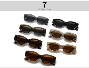 Flat lay of seven stylish cat eye sunglasses in multiple colors on white background