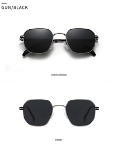 Front and top view of gunmetal polygonal polarized sunglasses with black lenses