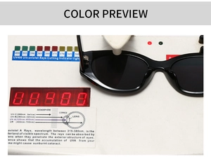 Detail of black oval sunglasses on a UV400 test device showing full UV protection