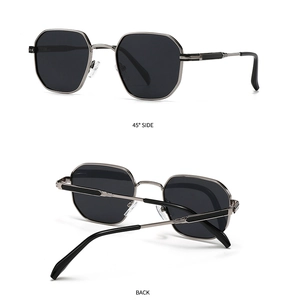 Side and back view of silver polygonal sunglasses with black polarized lenses