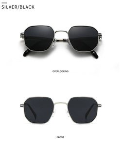 Front and top views of silver polygon sunglasses with black lenses and metal frame