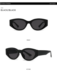 Front and 45-degree side views of black wide-frame oval sunglasses in a sleek glossy finish