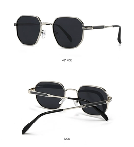 Detailed views of hexagonal polarized sunglasses with silver metal frame and black temple pads