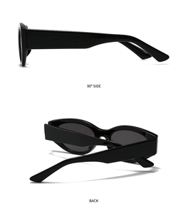 Detail view of retro black rectangle sunglasses showing the 90-degree side and back profile