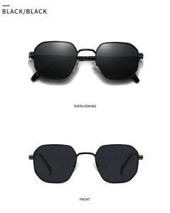 Front and top view of modern polygonal black polarized sunglasses with thin metal frames