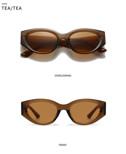 Detailed views showing tea-tinted sunglasses with translucent frames from front and top