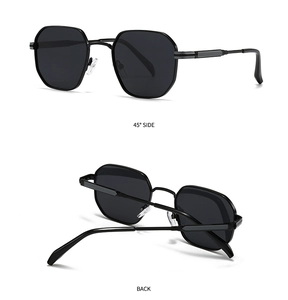 Detailed 45-degree side and back view of black hexagonal polarized metal sunglasses