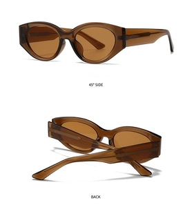 Detailed views of vintage oval sunglasses in translucent brown plastic from 45 degree and back